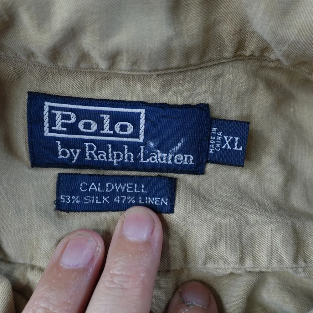 Polo Ralph Lauren Caldwell Shirt Mens XL Beige Silk Linen Camp Collar Button Up